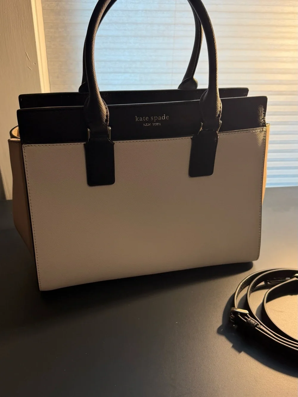 kate spade Madison Two-Tone Leather Satchel in White, Black and Tan